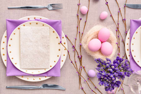 Beautiful table setting for Easter celebrationの写真素材