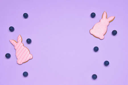 Chocolate candies and cookies in shape of bunnies on color background