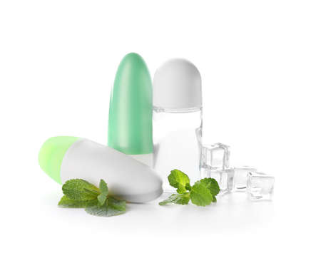 Different deodorants on white background