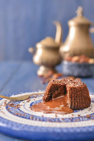 Tasty chocolate cake on plate, closeupの写真素材