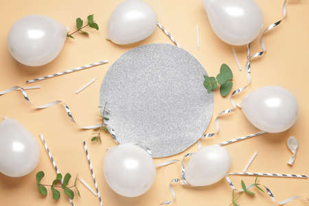 Birthday composition with paper sheet on color backgroundの写真素材