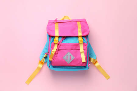 School backpack on color backgroundの写真素材