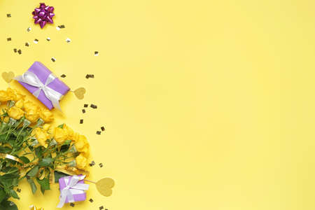 Birthday composition on color backgroundの写真素材