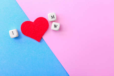 Inscription I LOVE M and W on color backgroundの写真素材
