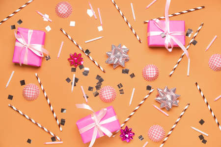 Birthday composition on color backgroundの写真素材