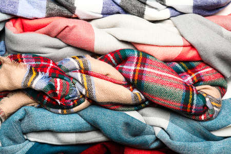 Beautiful scarves as background, closeupの写真素材
