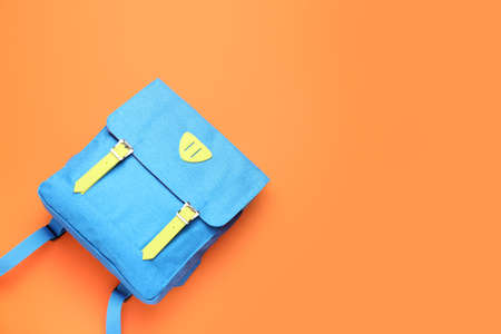 School backpack on color backgroundの写真素材