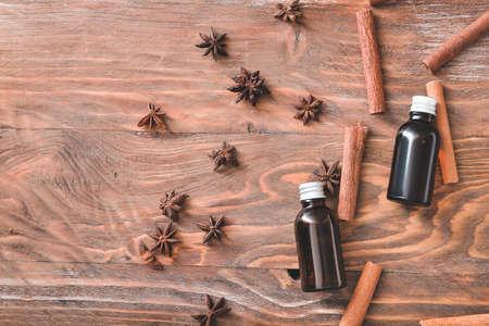 Bottles of different essential oils on tableの写真素材