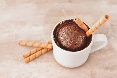 Chocolate mug cake on gray backgroundの写真素材