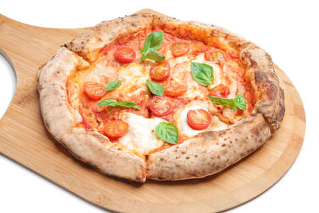 Delicious pizza Margherita on white backgroundの写真素材