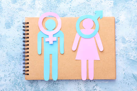 Notebook with figures of man, woman and symbols on color background. Concept of transgenderの写真素材