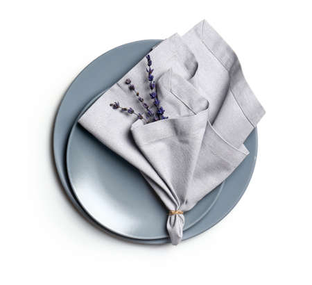 Beautiful table setting on white background