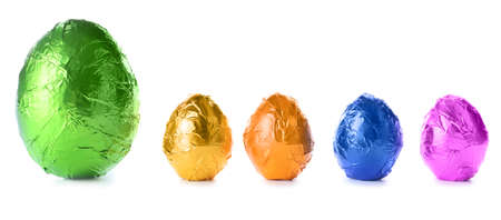 Sweet chocolate eggs on white backgroundの写真素材