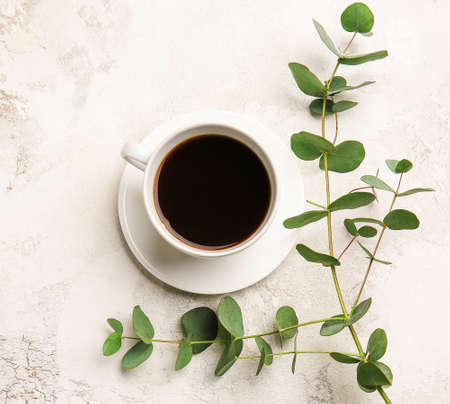 Cup of hot coffee and eucalyptus branch on light backgroundの写真素材
