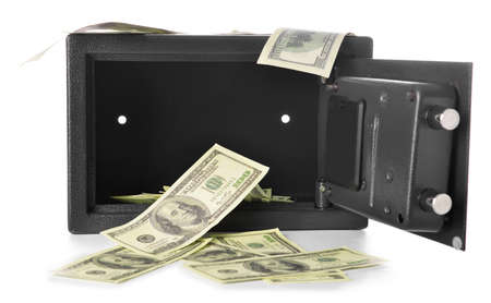 Modern safe with dollar banknotes on white backgroundの写真素材