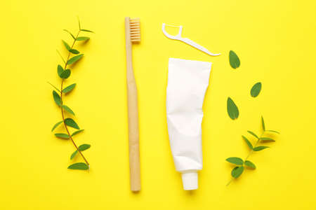 Set for oral hygiene on color backgroundの写真素材