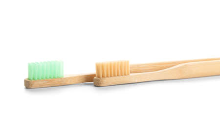Wooden tooth brushes on white backgroundの写真素材