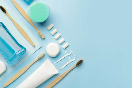 Set for oral hygiene on color backgroundの写真素材