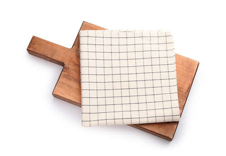 Clean napkin with cutting board on white backgroundの写真素材
