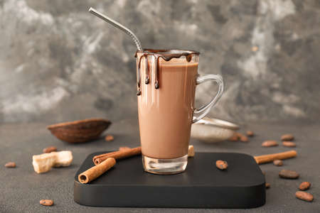 Cup of hot chocolate on gray backgroundの写真素材