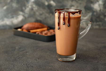 Cup of hot chocolate on gray backgroundの写真素材