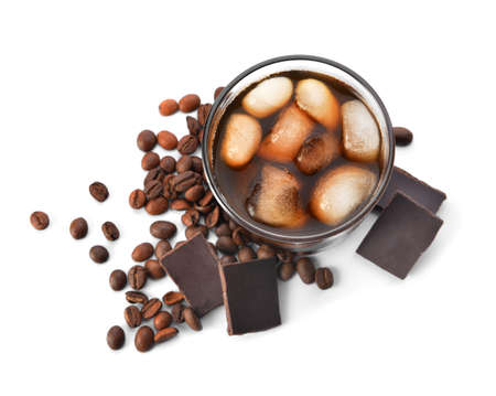 Glass of tasty iced coffee on white background