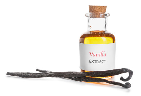 Bottle of vanilla extract on white backgroundの写真素材