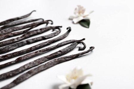 Aromatic vanilla sticks on white backgroundの写真素材