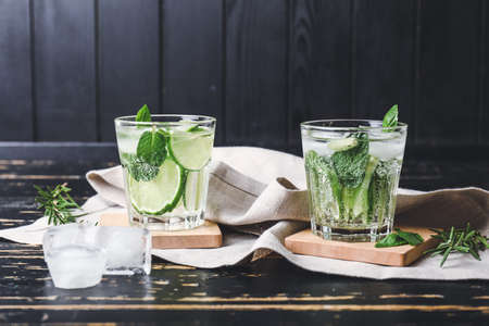 Glasses of fresh lime lemonade on tableの写真素材