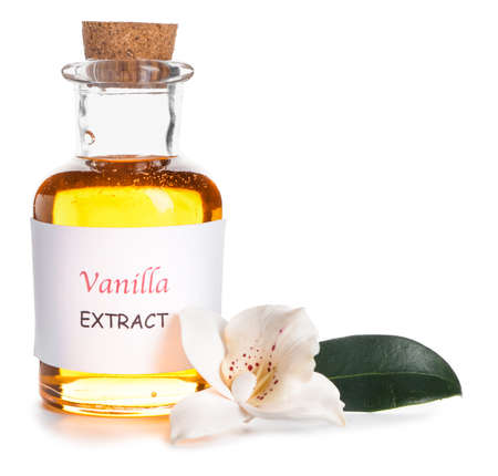Bottle of vanilla extract on white backgroundの写真素材