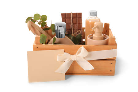 Wooden box with gifts for Mother's Day on white backgroundの写真素材