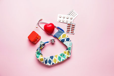Stethoscope with cover, heart and pills on color backgroundの写真素材