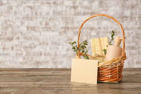 Basket with gifts for Mother's Day on tableの写真素材