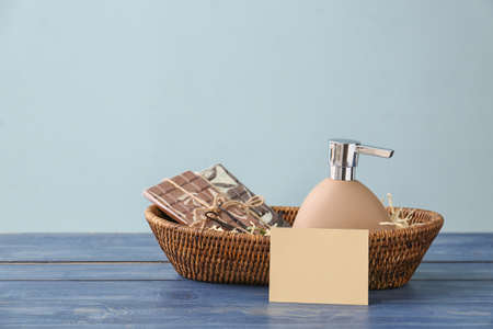 Basket with gifts for Mother's Day on tableの写真素材