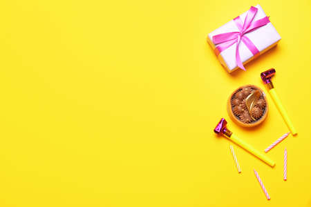 Birthday composition on color backgroundの写真素材