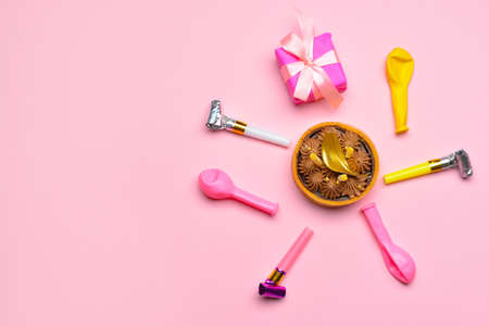 Birthday composition on color backgroundの写真素材