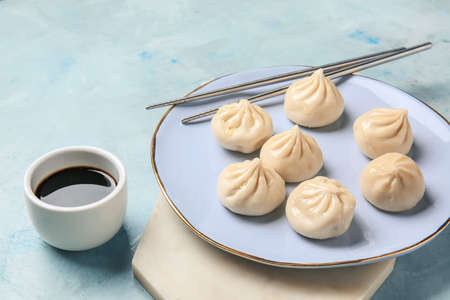 Plate with tasty dumplings on color backgroundの写真素材