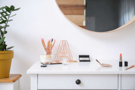 Workplace of makeup artist in interior of roomの写真素材