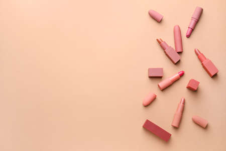 Different lipsticks on color backgroundの写真素材