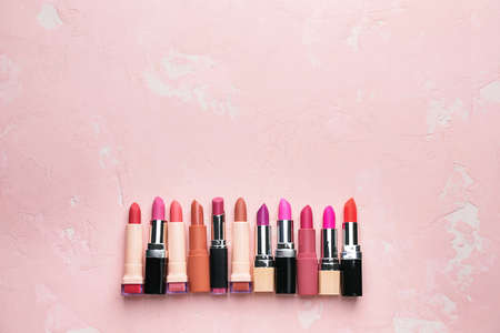 Different lipsticks on color backgroundの写真素材
