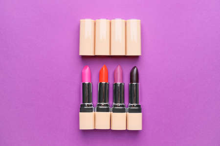 Different lipsticks on color backgroundの写真素材
