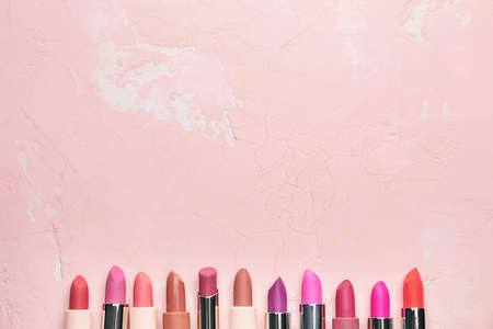 Different lipsticks on color backgroundの写真素材