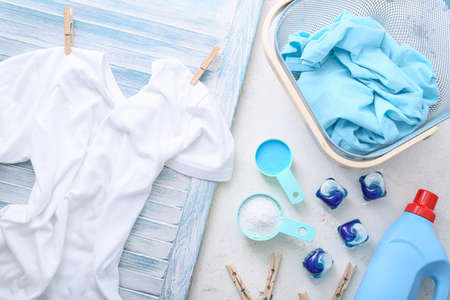 Composition with laundry detergents on light backgroundの写真素材