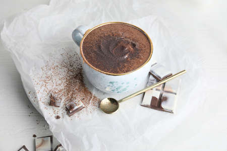 Cup of hot chocolate on tableの写真素材