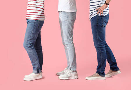People waiting in line on color background