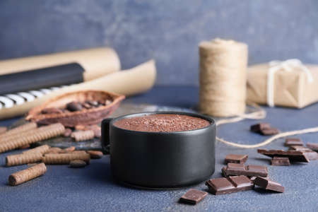 Cup of hot chocolate on tableの写真素材