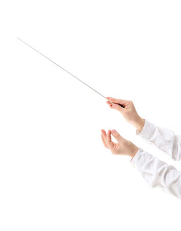 Hands of little conductor on white backgroundの写真素材