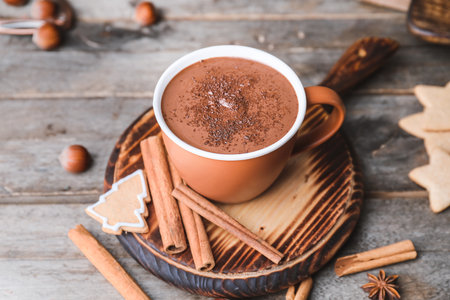 Cup of hot chocolate, cinnamon and cookies on wooden backgroundの写真素材