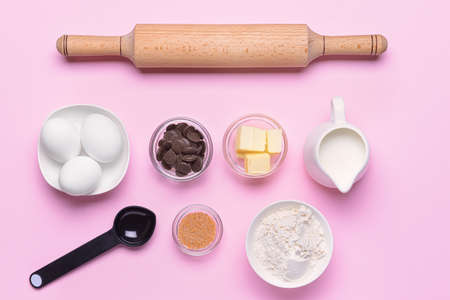Ingredients for preparing bakery on color backgroundの写真素材