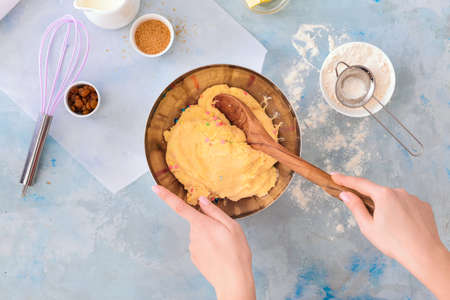 Woman preparing sweet dough, top viewの写真素材